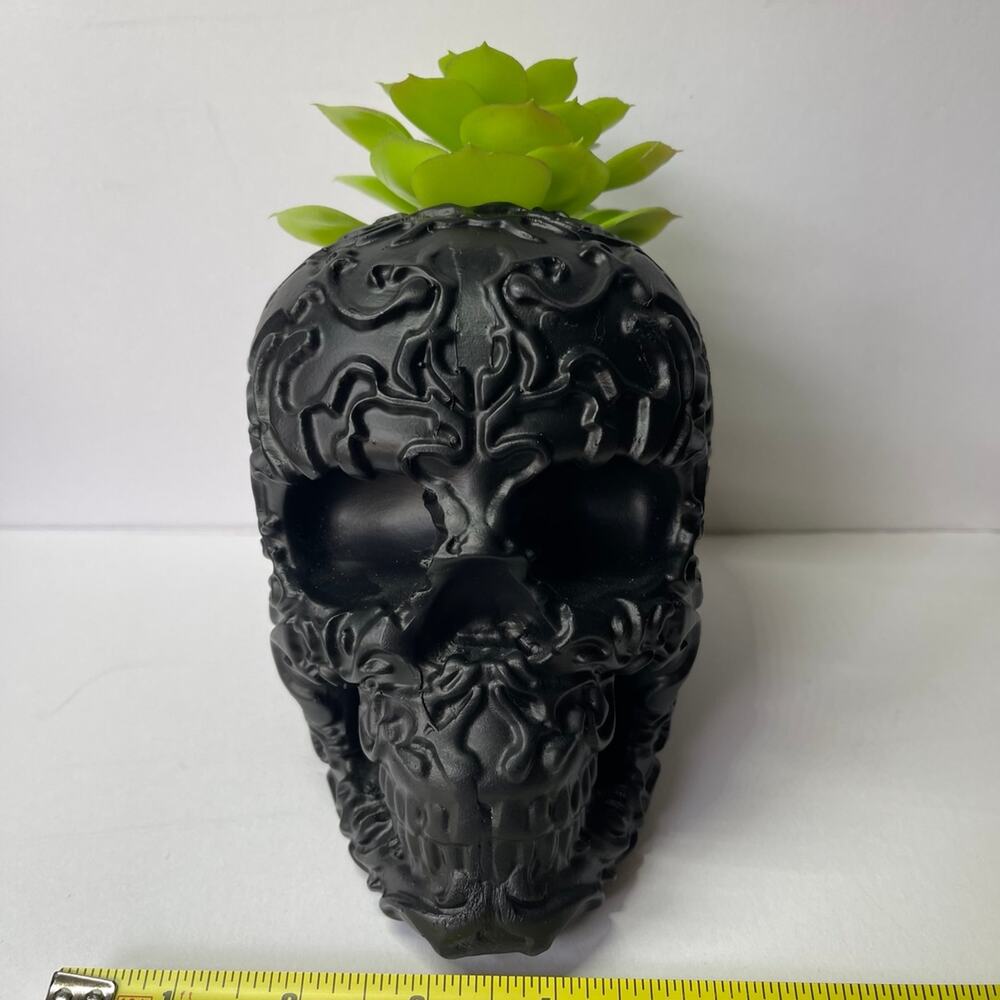 Black Floral Skull Planter | Gothic Succulent Decor